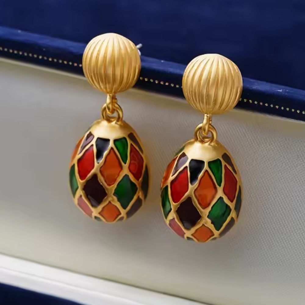 Vintage Harlequin Enamel Drop Earrings - Picture 2 of 6